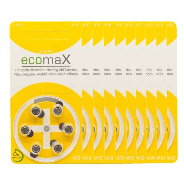 Sparpack 60 x ecomaX A10 Hörgerätebatterien