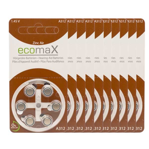 Sparpack 60 x ecomaX A312 Hörgerätebatterien
